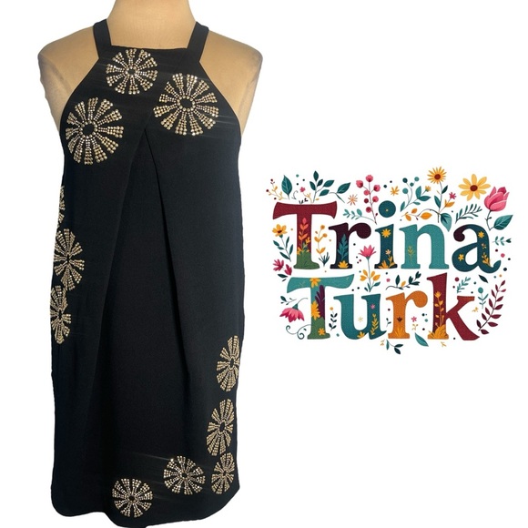 Trina Turk Black retro mod mini dress with gold starburst embellishments Size 4 - Picture 1 of 9